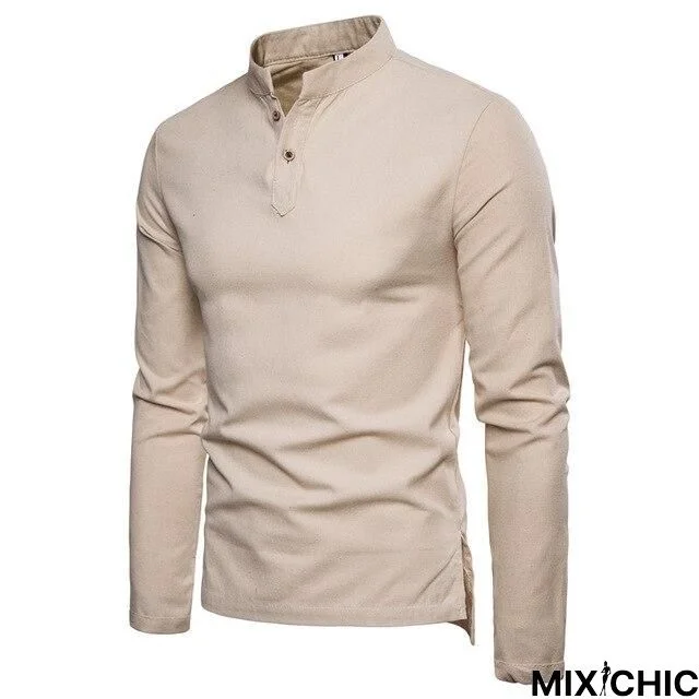 Men Shirt Solid Slim Fit Stand Collar Long Sleeve Shirt Men Casual Cotton Linen Shirts Men Modis Clothes