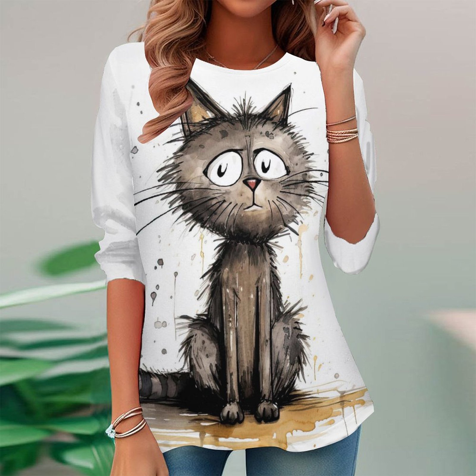 Women Long Sleeve V-neck Graphic Floral Printed Top