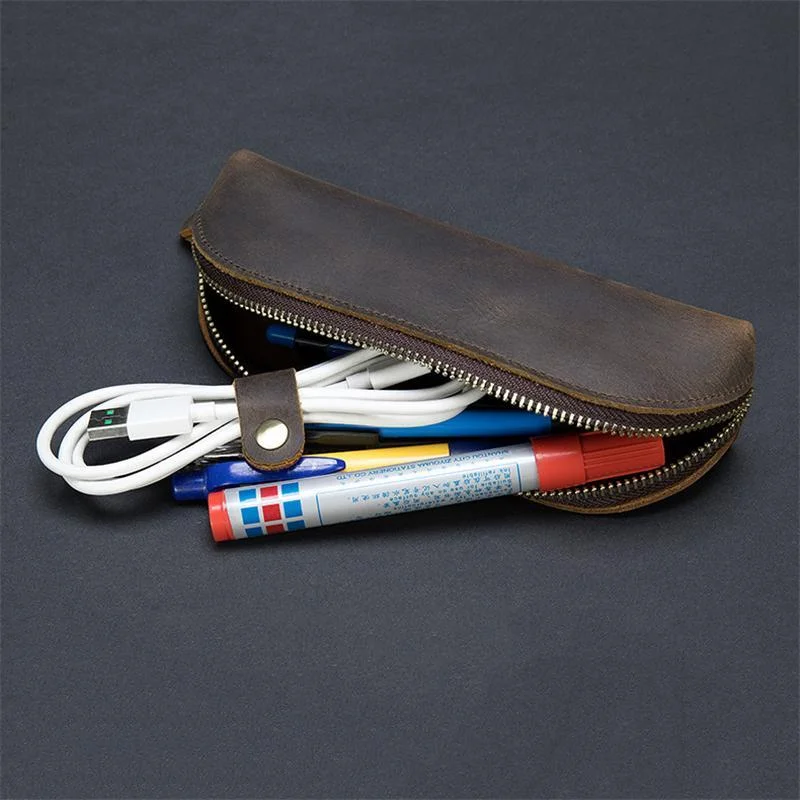 Genuine Leather Zippered Main Compartment Mobile Office Pencil USB Pouch Protection Bag