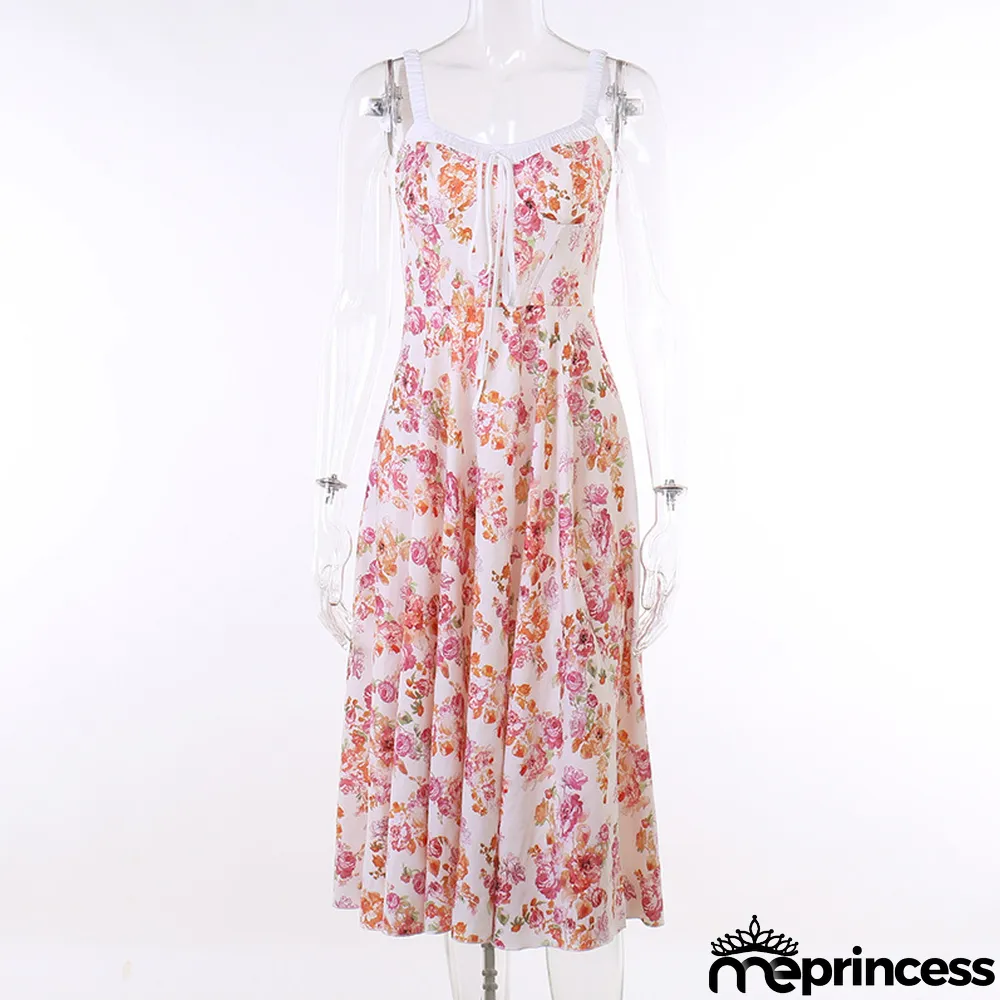 Straps Sexy Slit Floral Dress Women Summer Chic Slim Waist Slim Fit Long Dress