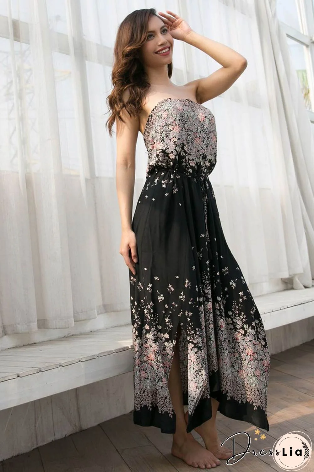 Strapless Open Back Slit Tie Front Floral Dress