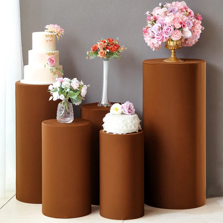 Set of 5 Cinnamon Brown Spandex Cylinder Plinth Display Box Stand Covers, Stretchable Pedestal Pillar Prop Covers 160 GSM