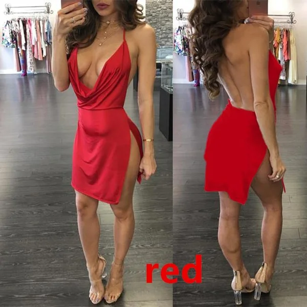 Fashion Women Deep V-neck Sexy Spaghetti Strap Mini Dress Halter Neck Plunged Dress Backless Party Dress