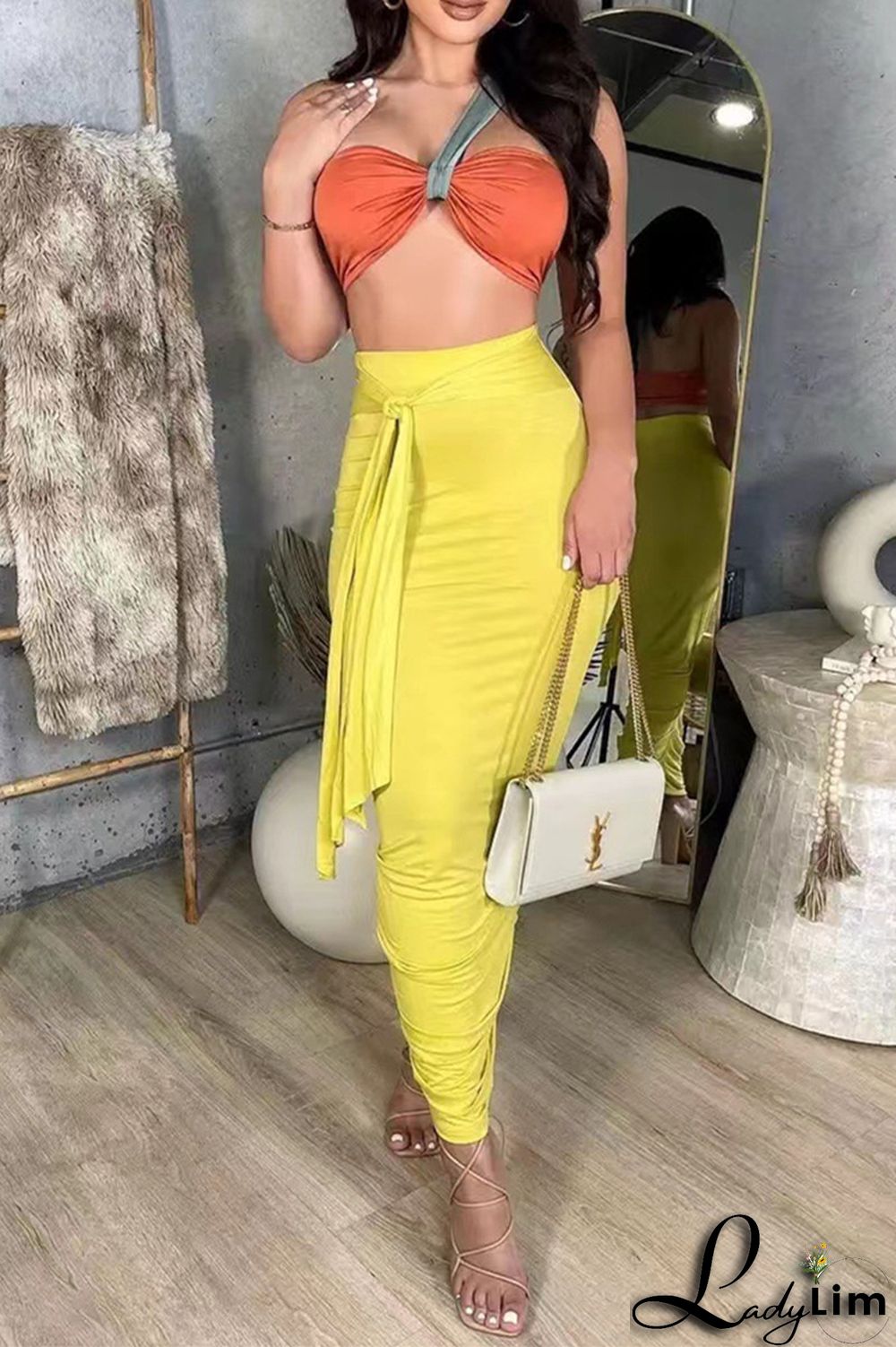 Orange Fashion Sexy Solid Split Joint Backless Strapless Sleeveless Two Pieces