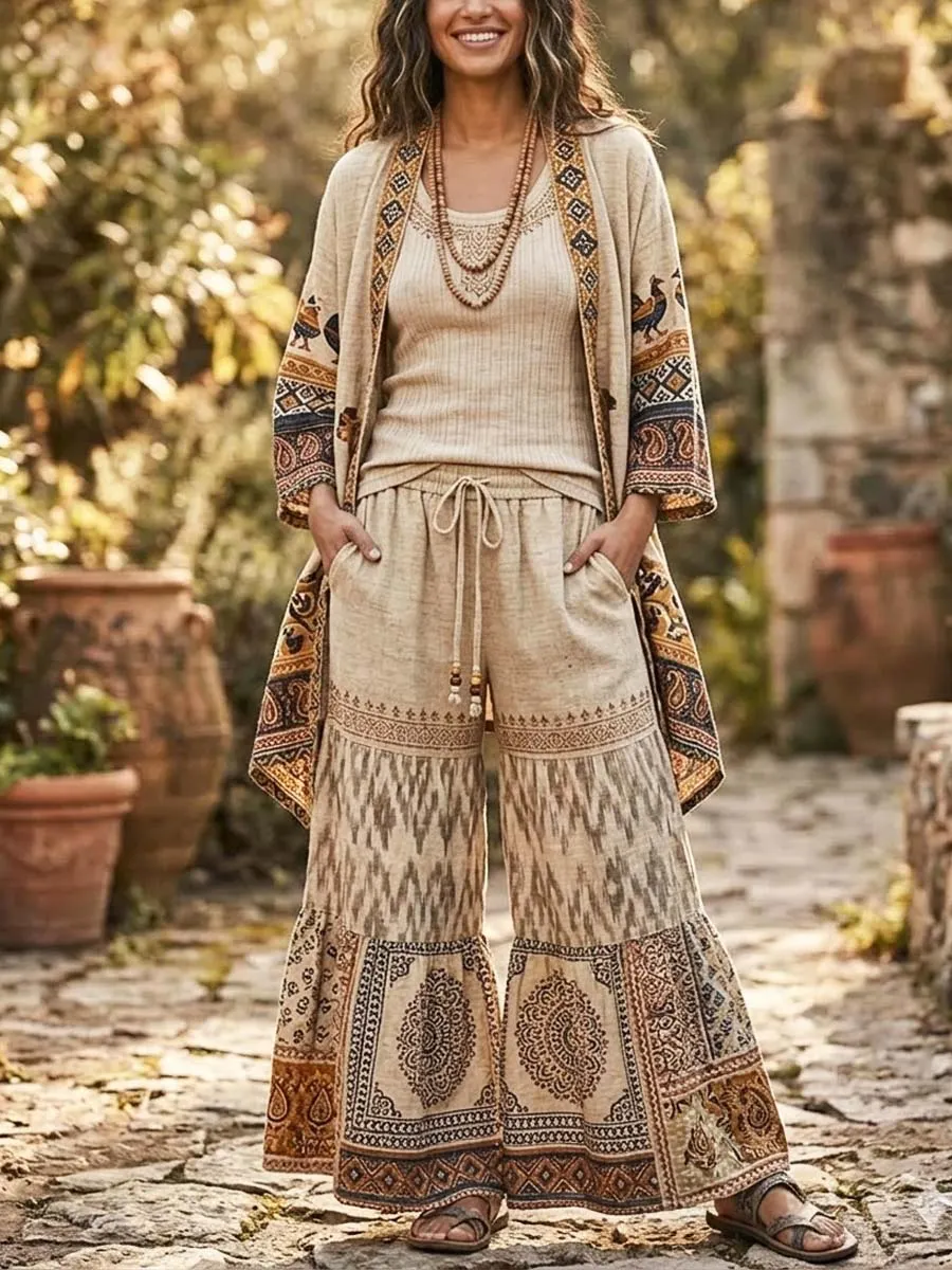 Women's Ethnic Stylish Casual Cotton And Linen Long Cardigan And Pants Two-piece Set