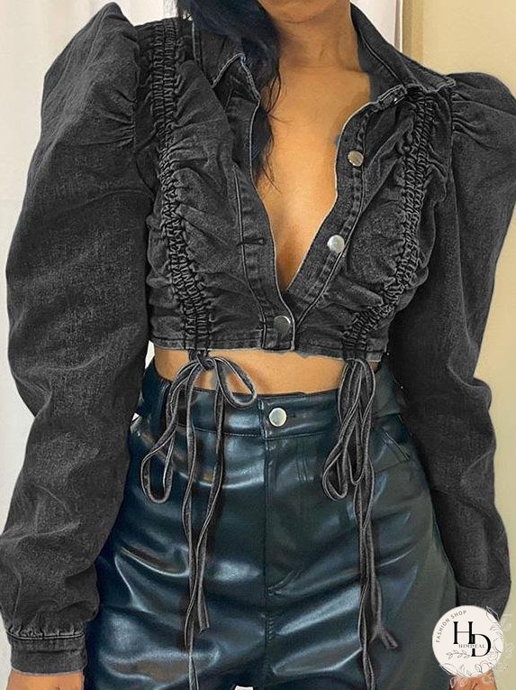 Coats Long Sleeve Lapel Short Cropped Denim Single-Breasted Coat for Women