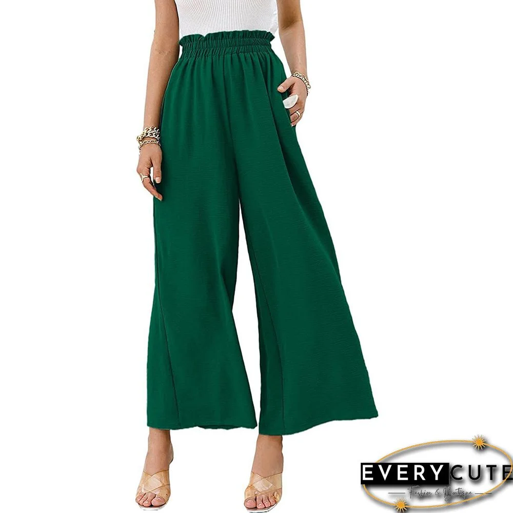 Green Solid High Waist Pocket Wide Leg Pants