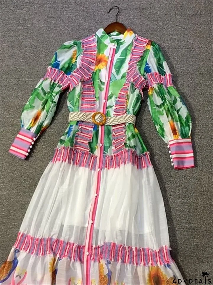 Retro Chic Niche Colorful Plant Print Female Dresses