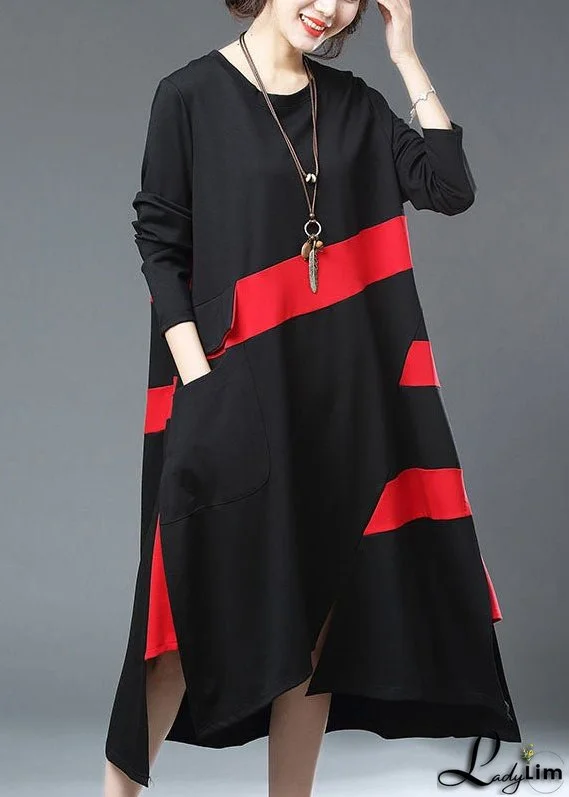French Black Asymmetrical Design Pockets Patchwork Cotton Long Dress Fall