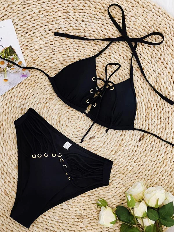 Halter Eyelet Bandage Bikini Swimwear