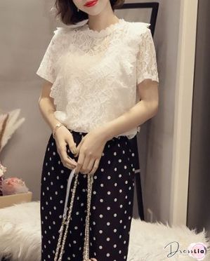 Spring Summer Lace Women Round Neck Decorative Lace Lace Short Sleeve Blouses