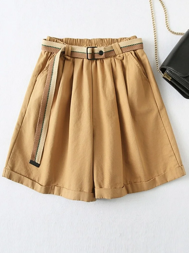 Tangada Women Vintage Khaki Wide Leg Shorts with Belt Pockets Female Retro Casual Shorts Pantalones YU39