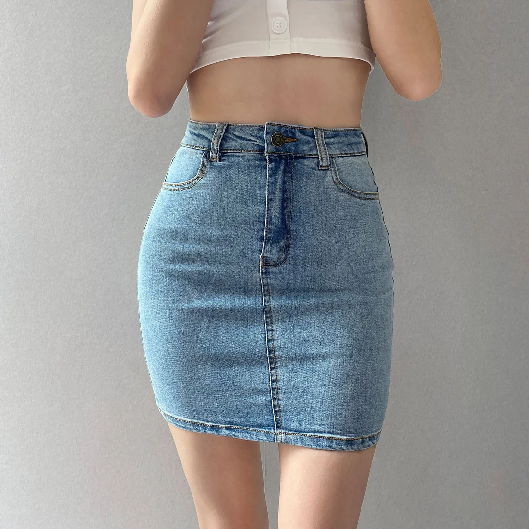 WOMENGAGA American High Waist Elastic Hip Mini Skirt Slim A-line Short Shows Thin Button Denim Skirts 61S8