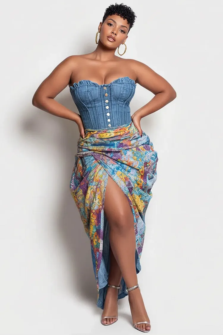 Xpluswear Design Plus Size Party Light Blue Graphic Split Fold Denim Two Piece Skirt Sets 2024 - Xpluswear