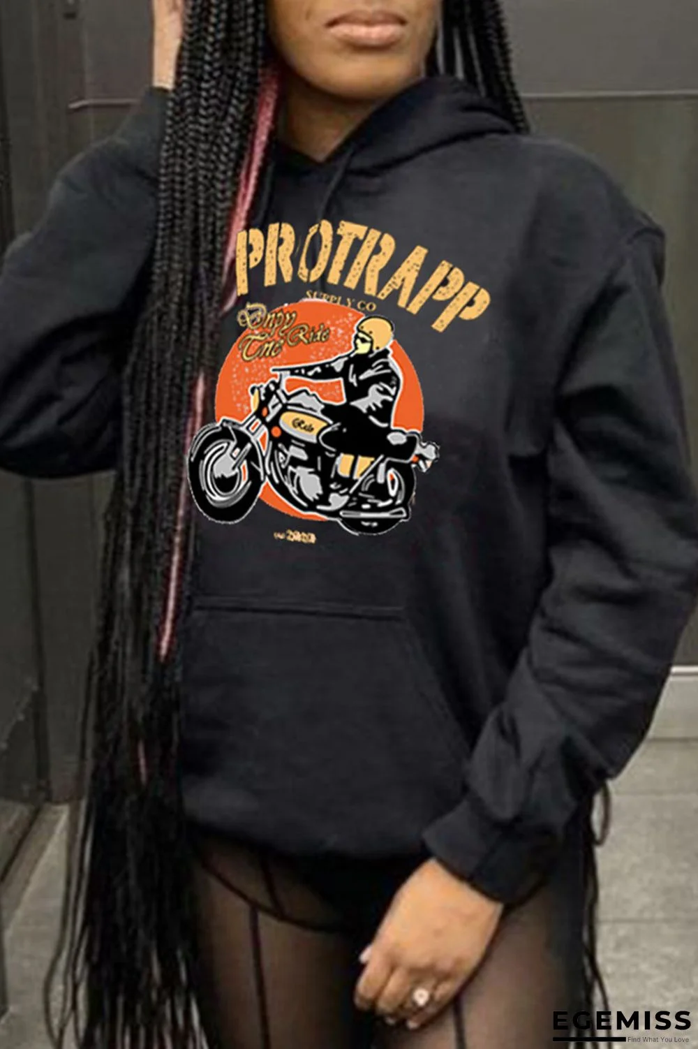 Black Casual Print Patchwork Hooded Collar Tops | EGEMISS