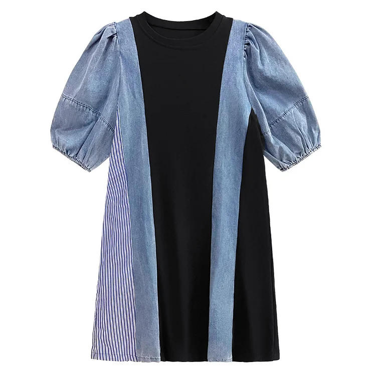 Modern O-neck Denim Striped Asymmetric Patchwork Lantern Sleeve Dress