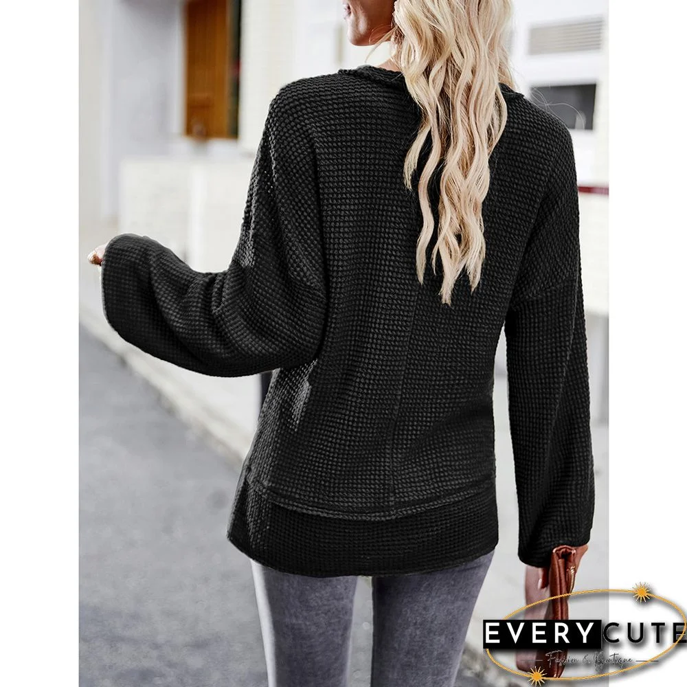 Black V Neck Waffle Pocket Long Sleeve Tops