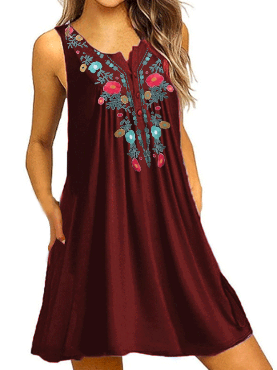 Print Button Pleated Dress