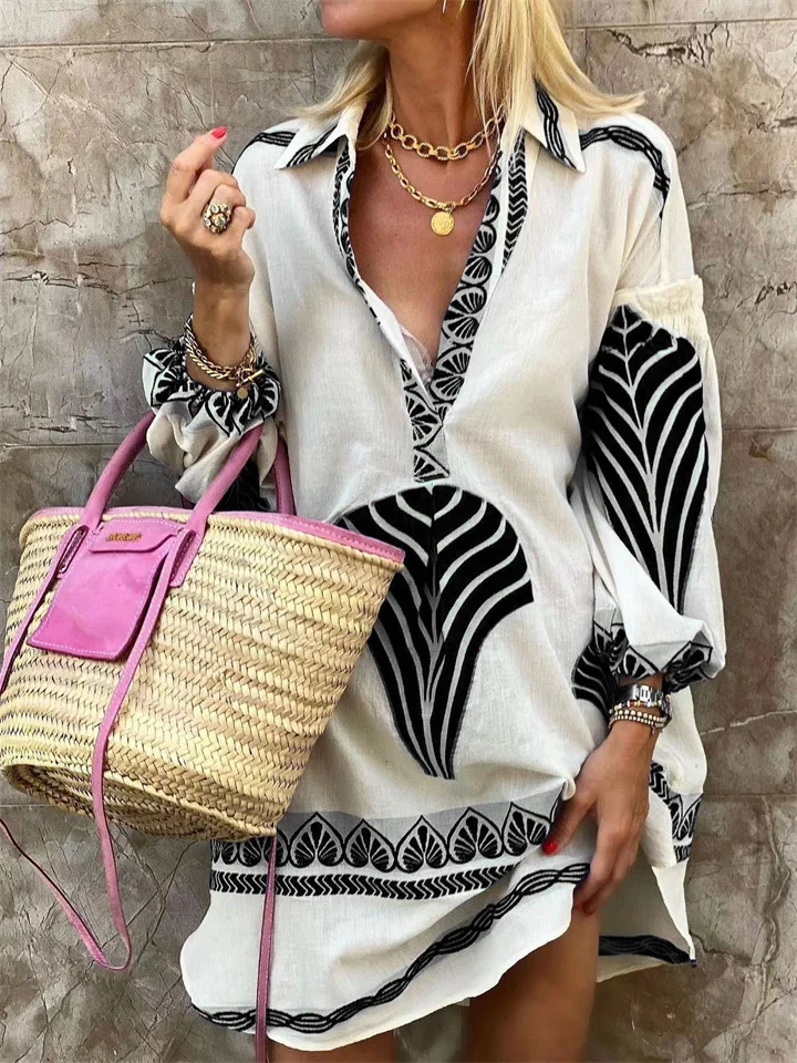 Spring and Summer New Casual Long Paragraph Lapel Shirt Dress V Collar Pleated Loose Vacation Open Tops Female Dresses