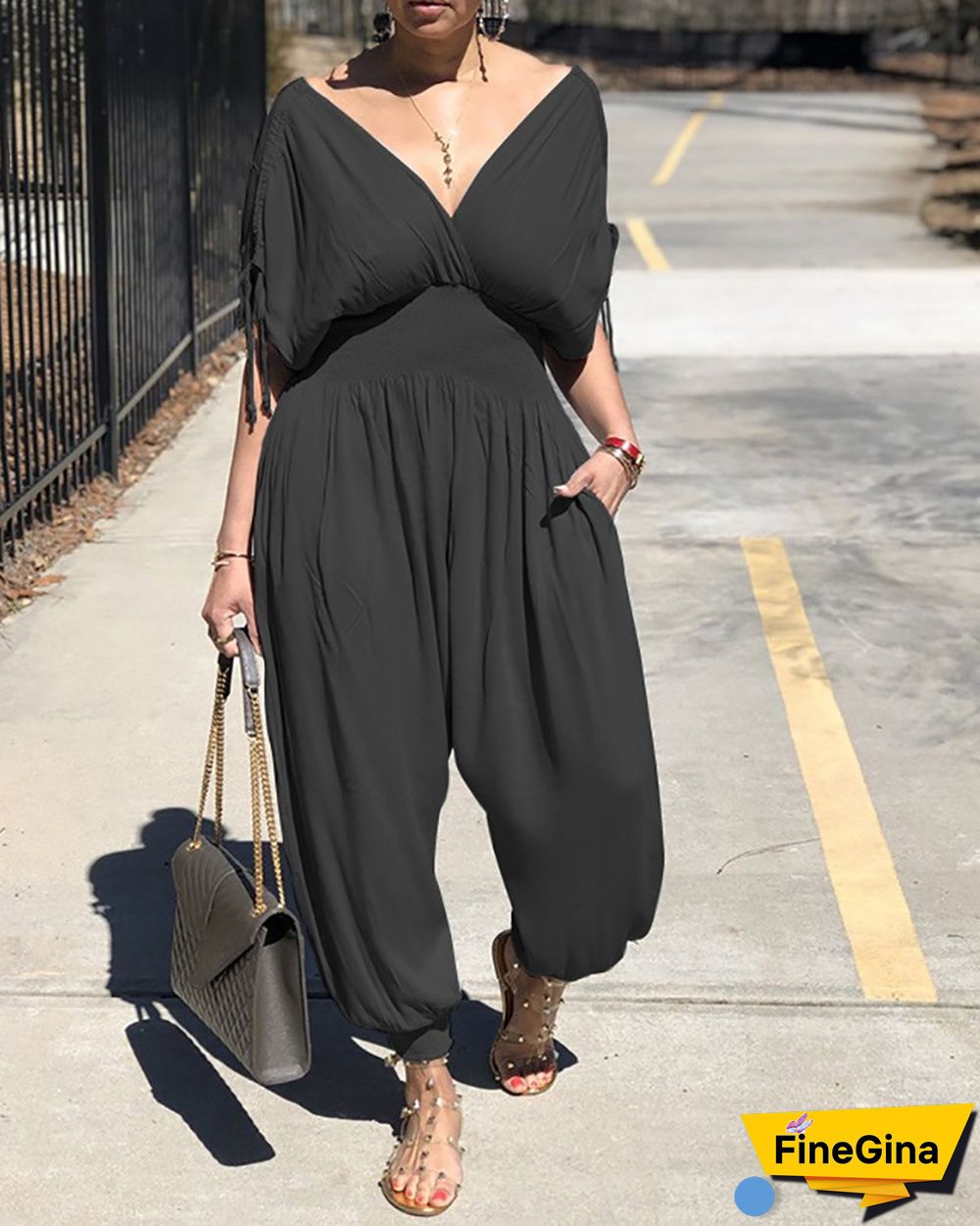 Drawstring Ruched Shirring Waist Jumpsuit