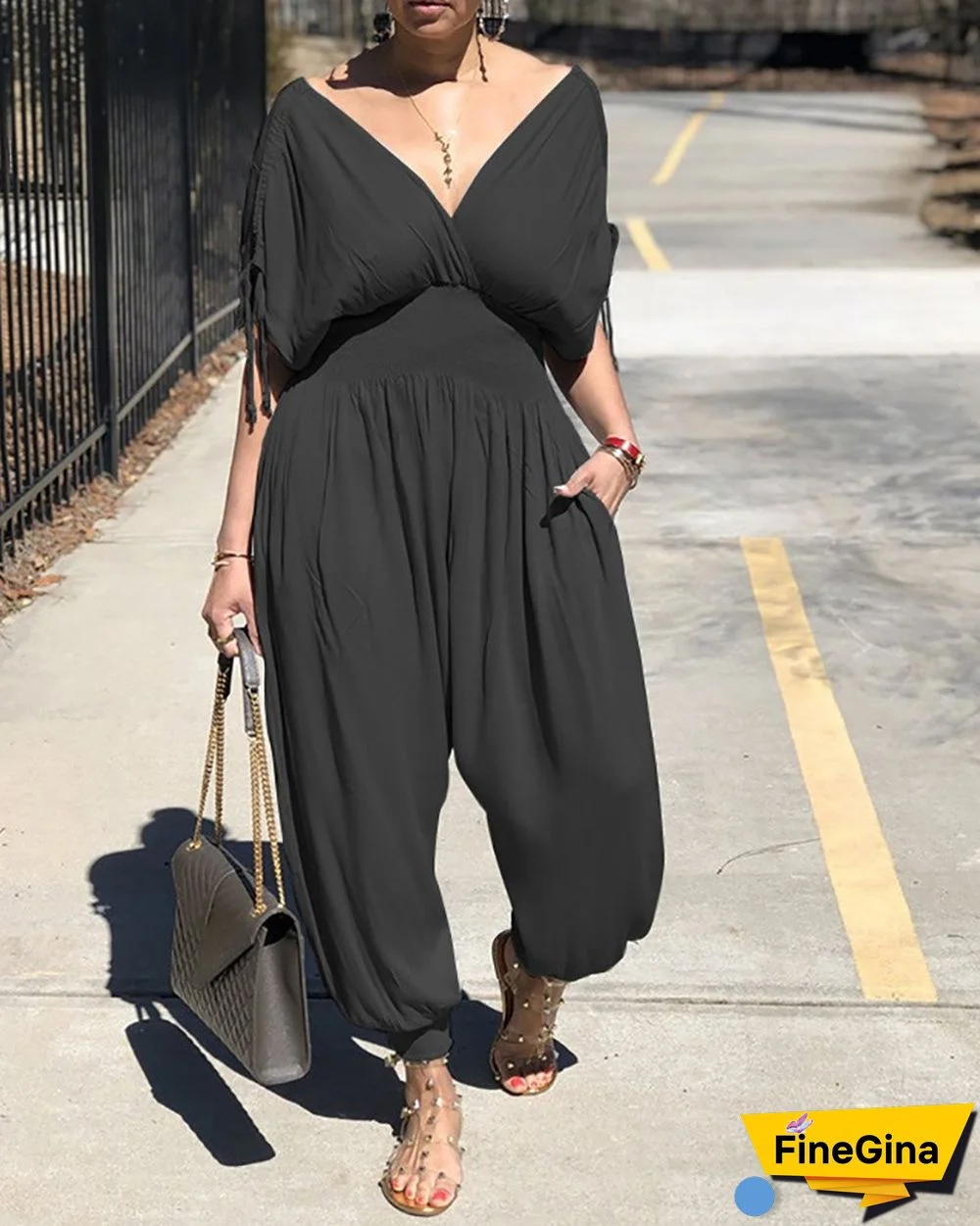 Drawstring Ruched Shirring Waist Jumpsuit