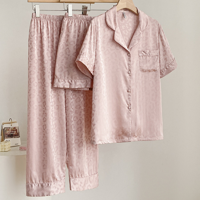 Bayuyun Female Pajamas 3PCS Sleepwear Sweet Print Strawberry Satin Trouser Suits Pijamas Lingerie Loose Casual Home Clothes Loungewear