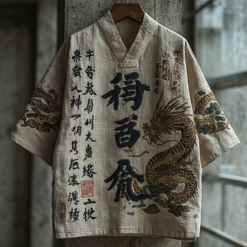 Women's Japanese Dragon And Calligraphy Art Pattern V-neck Linen Blend T-shirt elevenforest