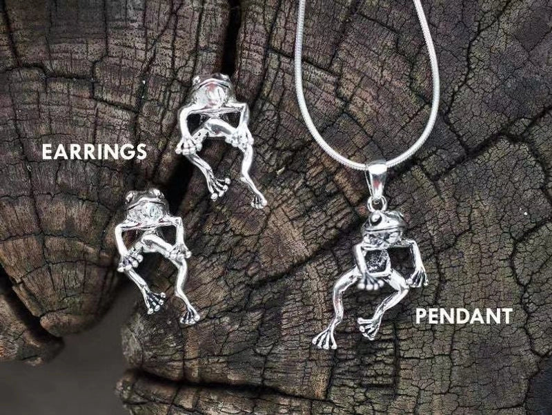 Wish New Vintage Silver Frog Earrings Women’s  Trendy Classical Ethnic Style Elegant Old Earrings Necklace