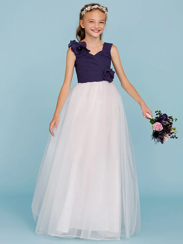 Princess / A-Line Straps Floor Length Chiffon / Tulle Junior Bridesmaid Dress With Criss Cross / Ruched / Flower / Color Block / Floral / Wedding Party