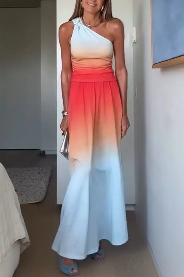 Ocean Sunset Ombr矇 Print Starburst Brooch One Shoulder Tank and Elastic Waist Slit Maxi Skirt Set