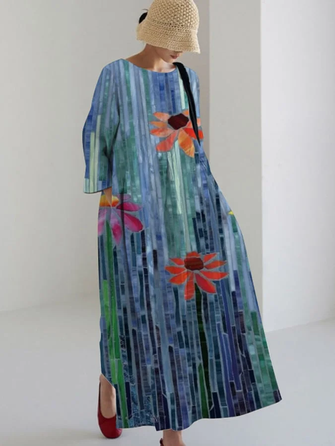 Ladies Artistic Striped Patchwork Design Casual Loose Dress