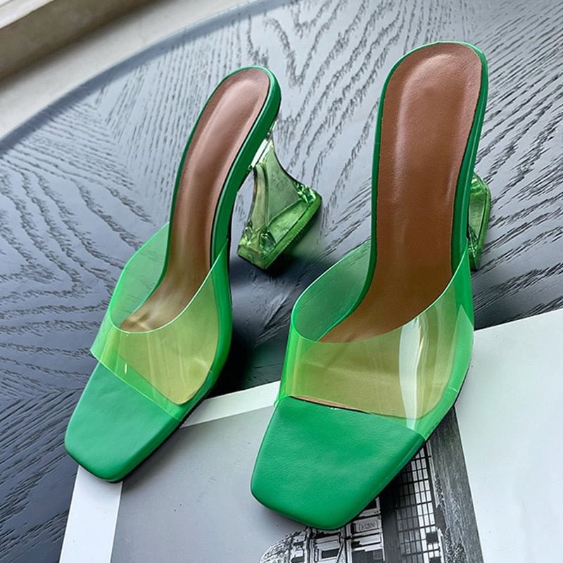 Transparent Strange Heels Slippers Women Summer 2022 Fashion Square Toe Shallow Slides Mules PVC Jelly Sandals Shoes Silver Blue