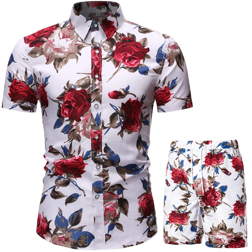 2021 Summer New Men's Casual Suit Korean Slim Short Sleeve Shirt Shorts Mens Beach Suit 2 Piece Set