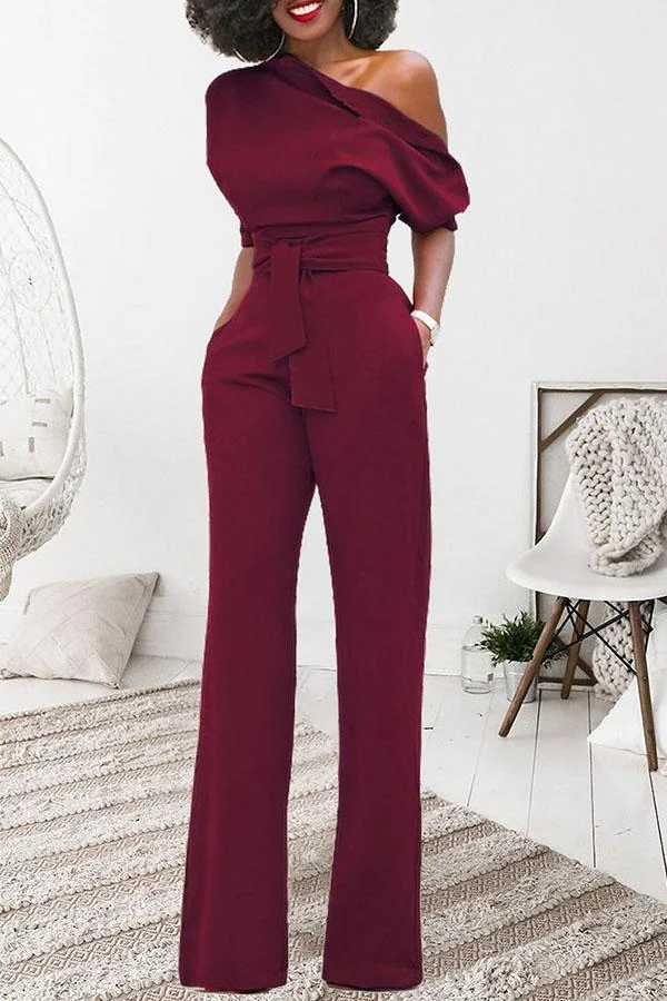 Classic Solid Color Diagonal Belt Jumpsuit