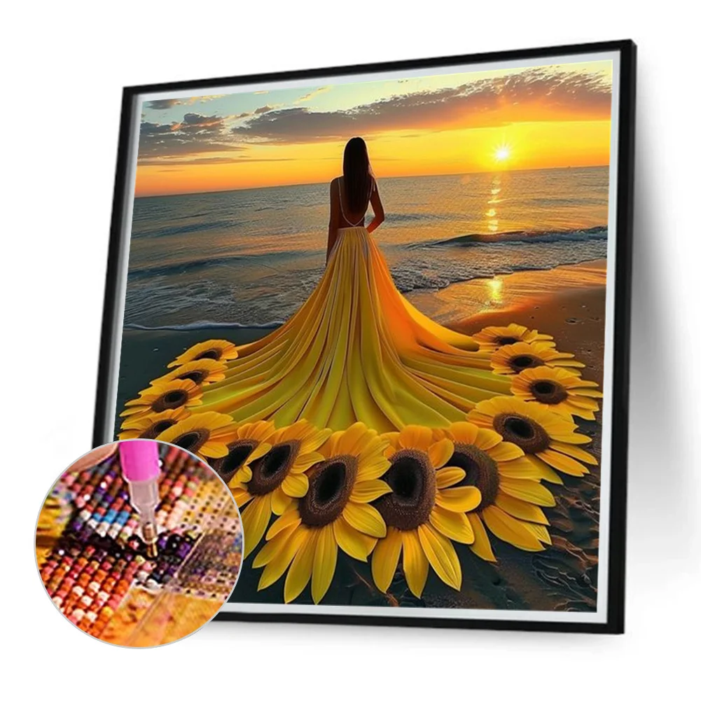 Diamond Painting - Full Round Drill - Sunflower Skirt Girl(Canvas|40*40cm)