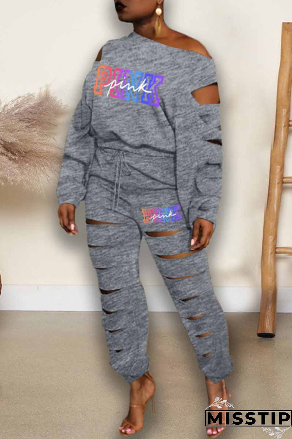 Dark Brown Street Print Ripped Letter Oblique Collar Long Sleeve Two Pieces