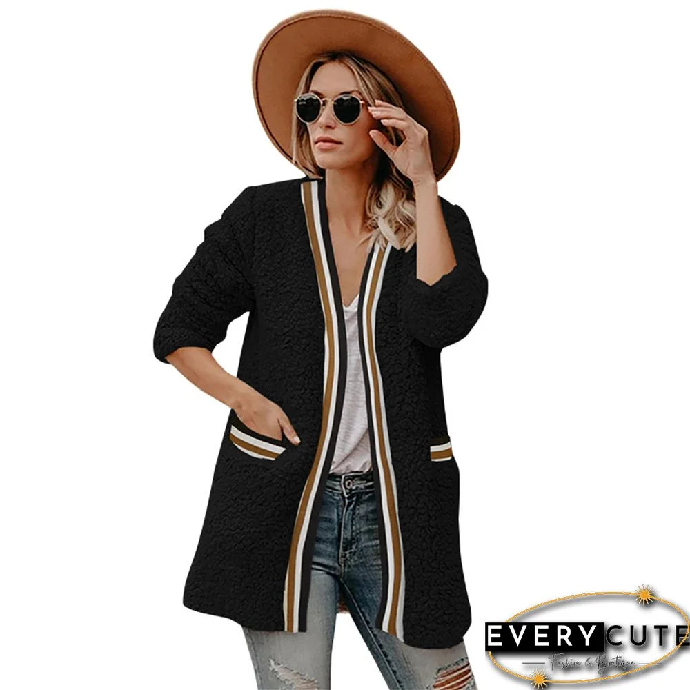 Black Contrast Stripes Plush Pocketed Coat