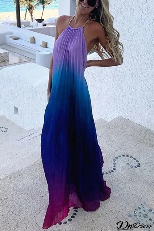 Gradient Color Halter Neck Backless Maxi Dress