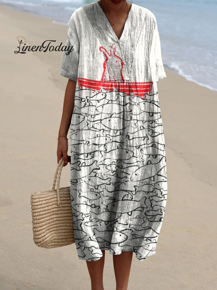 Women’s Rabbits And Schools Of Fish On A Boat Watercolor Splash Fluid Art Print Flowy Dress