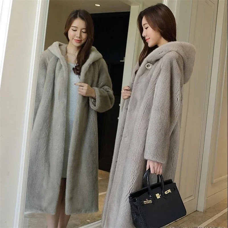 Imitation Fur Coat Women's Mink Fur Coat Women's Long Hooded 2021 Single Button Autumn And Winter Thickened And Slim Warm Coats
