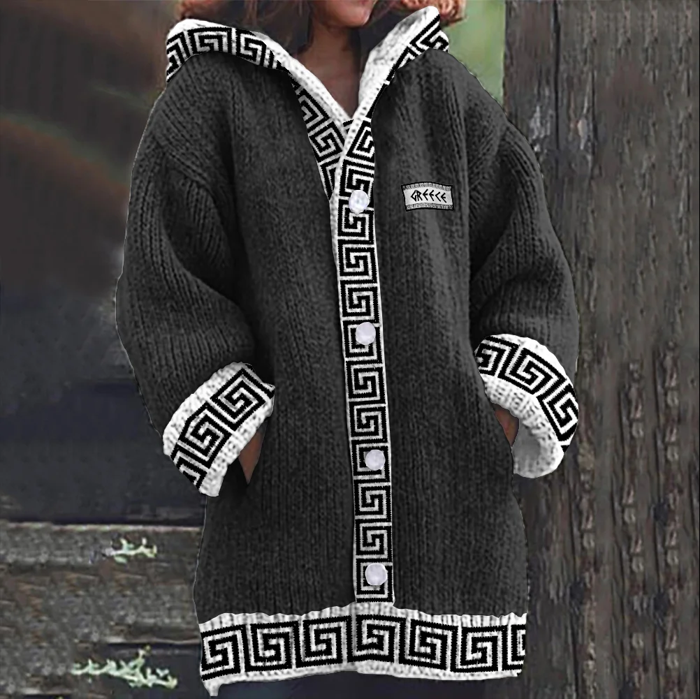 Greek Key Pattern Cozy Knit Hooded Cardigan
