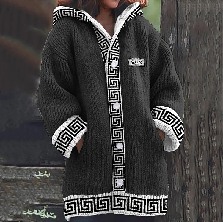 Greek Key Pattern Cozy Knit Hooded Cardigan