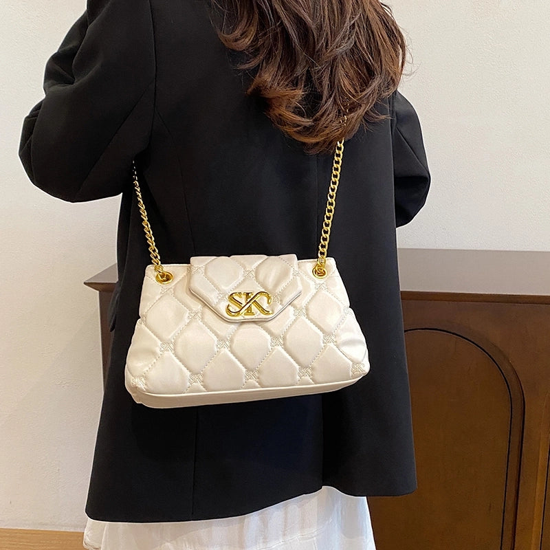 Women’s Pu Leather Letter Lingge Elegant Sewing Thread Square Flip Cover Crossbody Bag