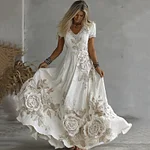 Women's White Rose Embroidery Art V-neck Short Sleeve Maxi Dress - Image 2