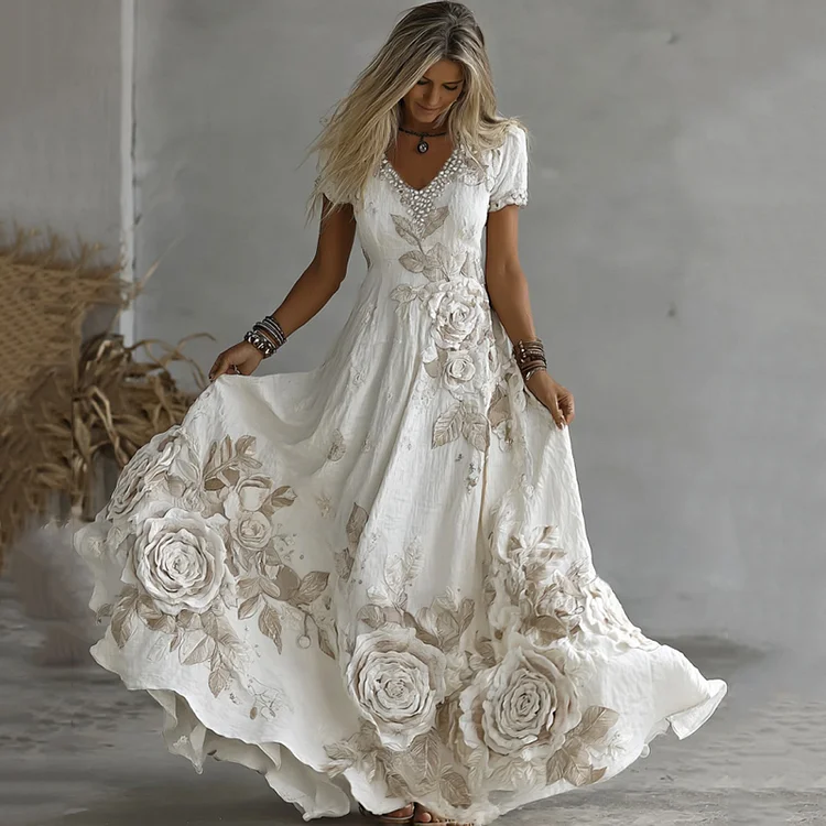 Women's White Rose Embroidery Art V-neck Short Sleeve Maxi Dress
