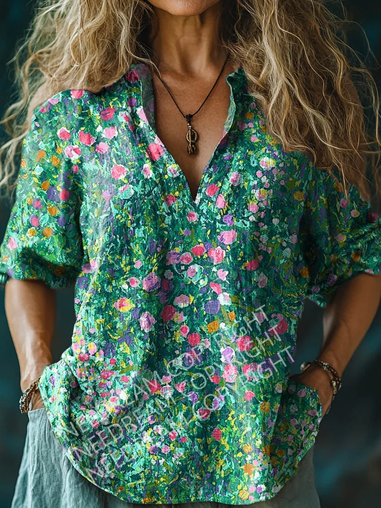Womens Artistic Floral Embellishment Pattern  Long Sleeve Comfortable Cotton And Linen Shirt