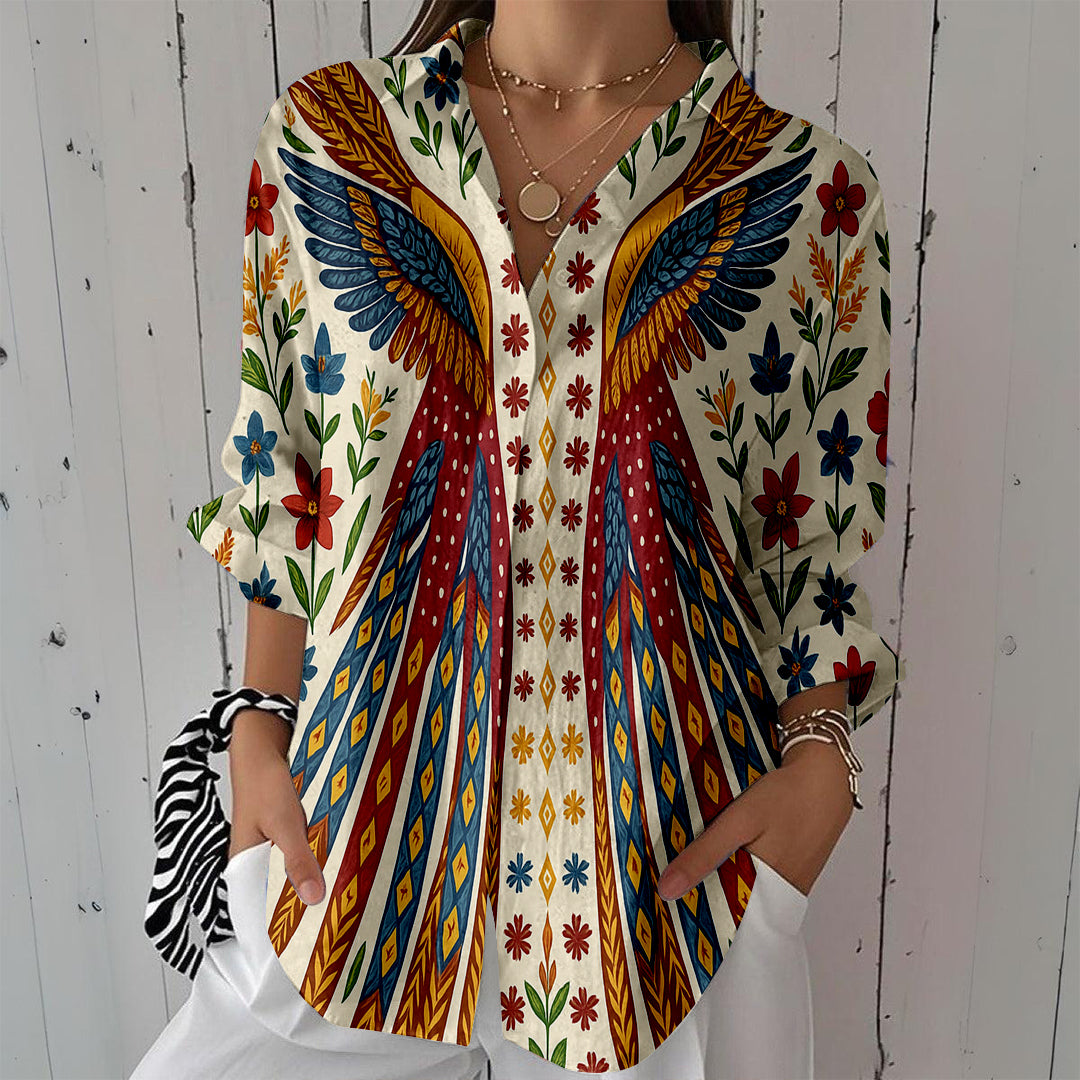 Women Long Sleeve V-neck Graphic Floral Printed Top