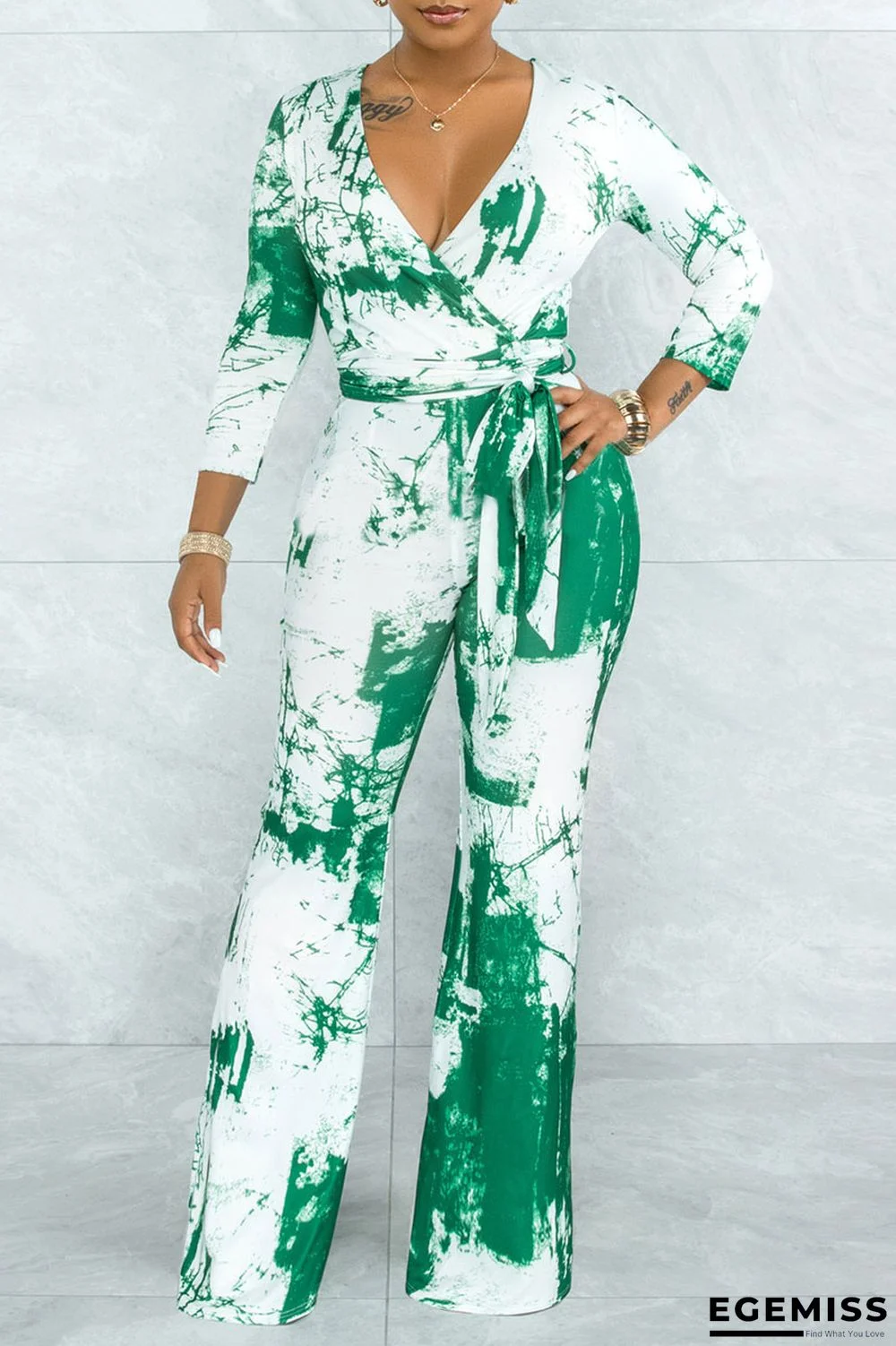 Green Casual Print Solid Tie Dye Bandage Patchwork V Neck Straight Jumpsuits | EGEMISS