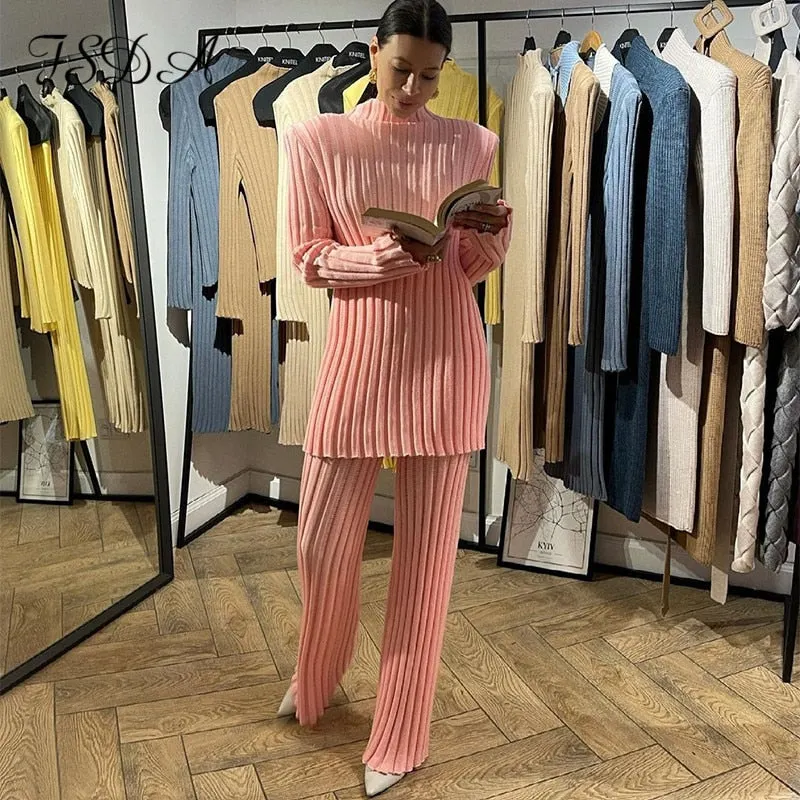 FSDA 2021 Autumn Winter Long Sleeve Sweater Top Green And Pants Knitted Casual Women Two Piece Set Khaki Fashion Suit
