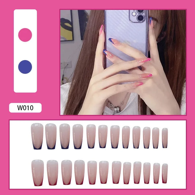 24 Pcs French Ballet White Line False Nails Fashion Geometric Coffin Press On Nails Flame Rose Pattern Nail Art Manicure Tools-Nail Inspo